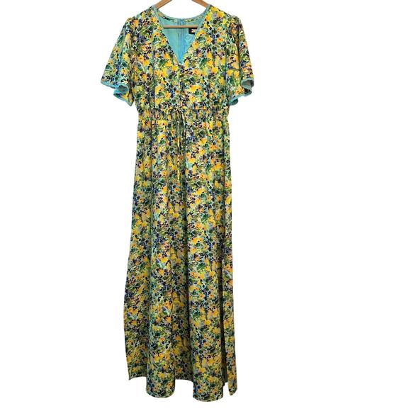 NWT Alexia Admor Maxi Slit‎ Dress Flutter Sleeve Yellow Teal Floral Women’s Sz 6 - Picture 1 of 11